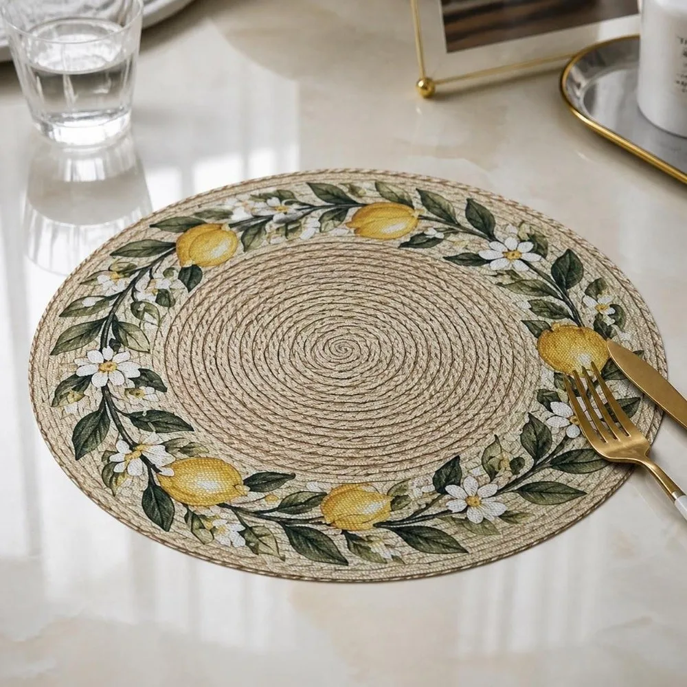 14.96in Printed Placemats Flower Printed Pattern 2D Flat Imitation Rattan Placemats Anti-slip Wipeable Round Table Mats
