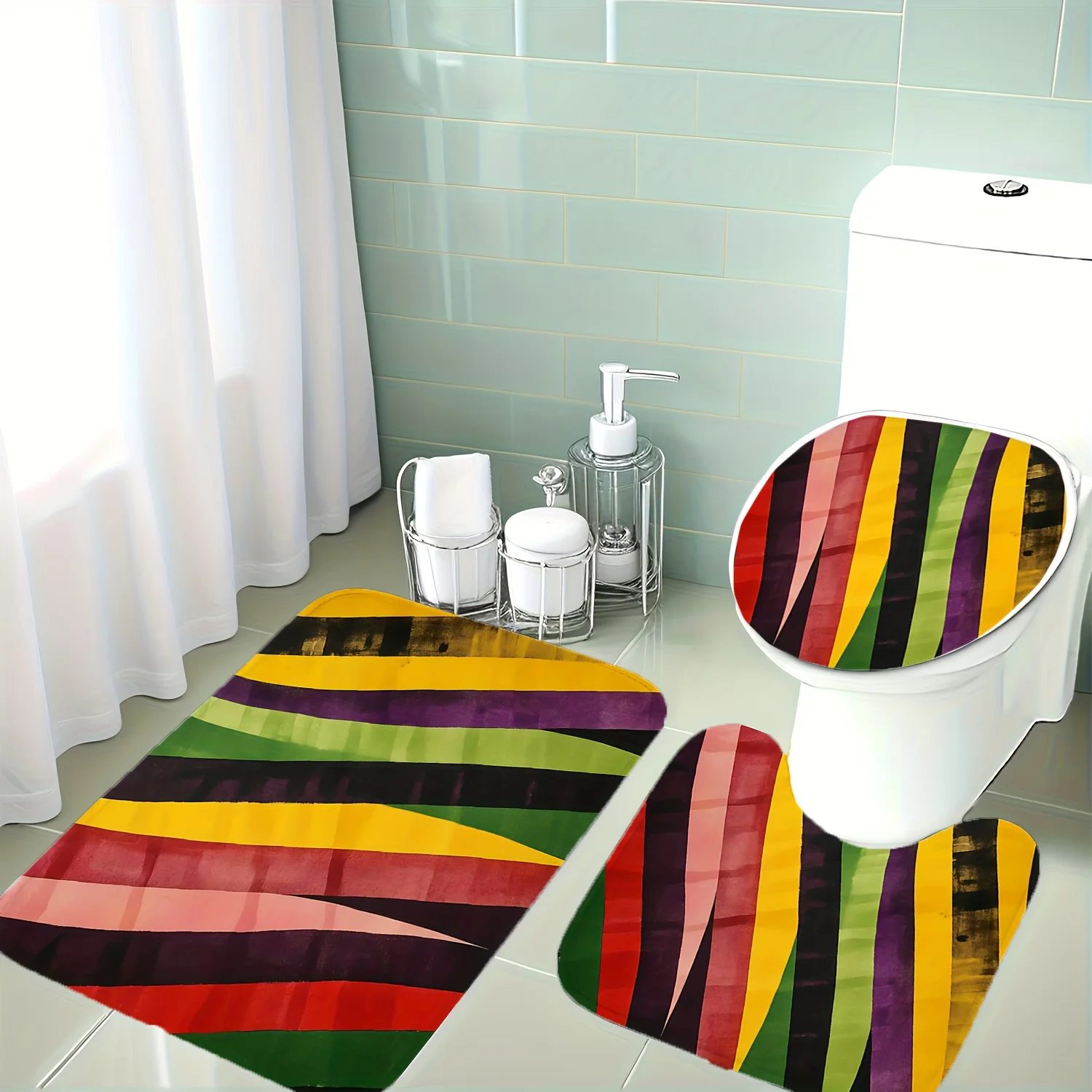 

3pcs Modern Striped Bathroom Rug Set with Non-Slip Backing - Soft Plush Mats (Red/Yellow/Green/Purple) + U-Shaped Toilet Lid Cov
