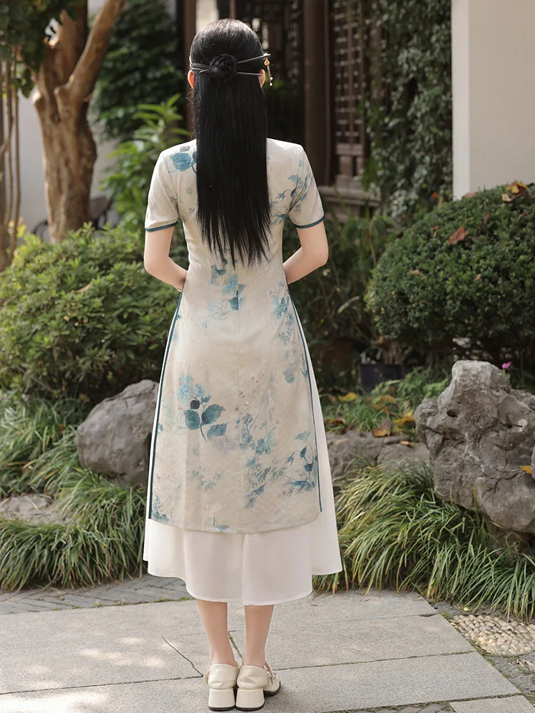 Printed Aodai Qipao Short Sleeve Cheongsam Elegant Women Chinese Style Dresses