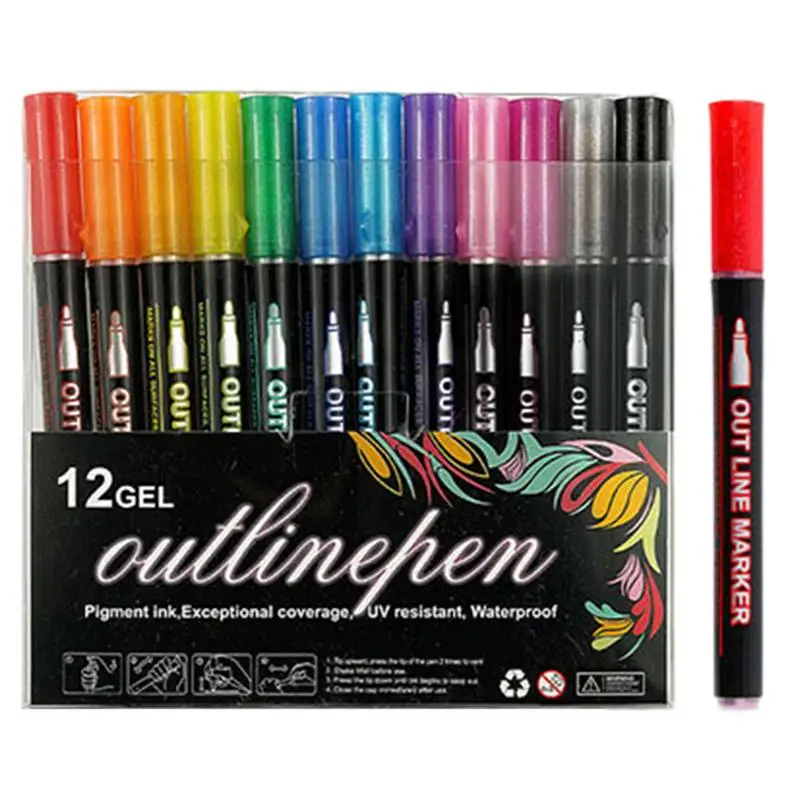 Glitter Outline Markers Double Lines Shimmer Markers Doodle Drawing Pens Self-Outline Markers For Glitter Doodle Drawing