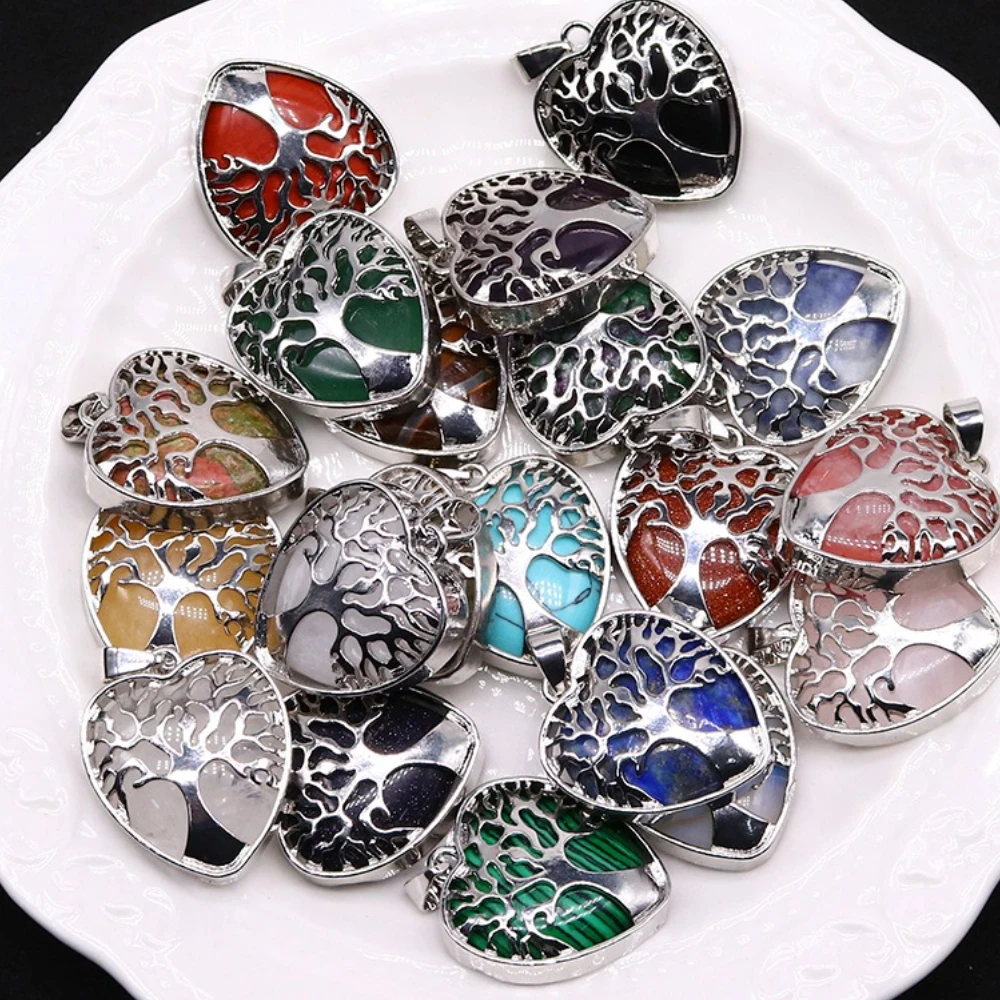 

1pc Natural Stone Malachite Opal Quartz Inlaid Hollow-out Tree of Life Heart Shape Pendant Handmade Necklace Jewelry Accessory