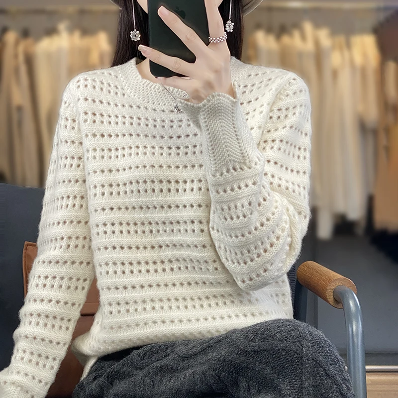 

Women's spring and autumn pullover sweater hollowed out 100% merino wool solid color O-neck cashmere fashion sweater blouse