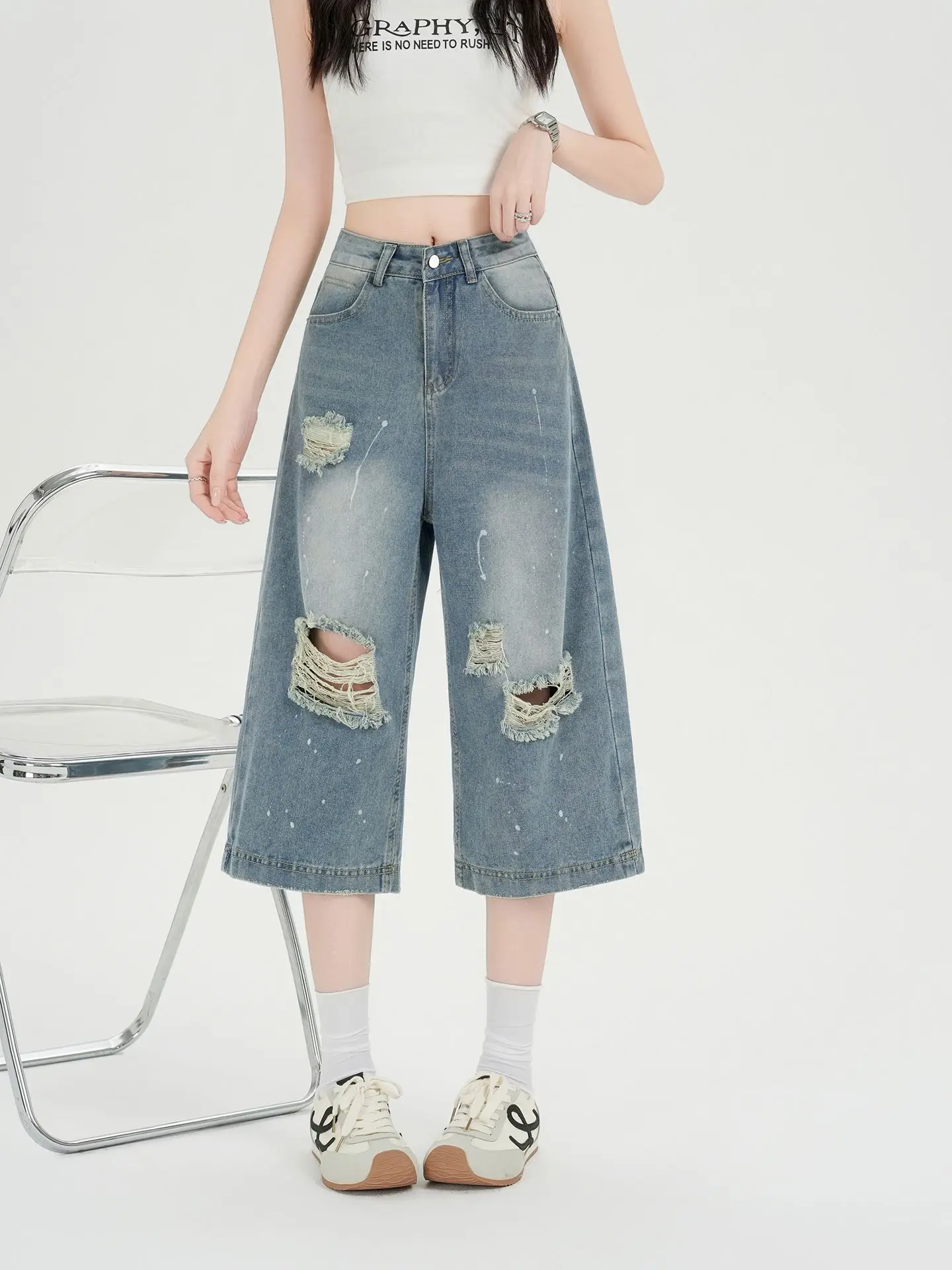 Y2K American Washed Ripped Cropped Denim Shorts Women Summer Trendy Design Street Casual Pants
