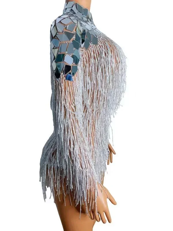 Sparkly Mirrors Fringes Bodysuit Birthday Celebrate Outfit Backless Dance Costume Women Dancer Tassel Leotard Show Stage Wear