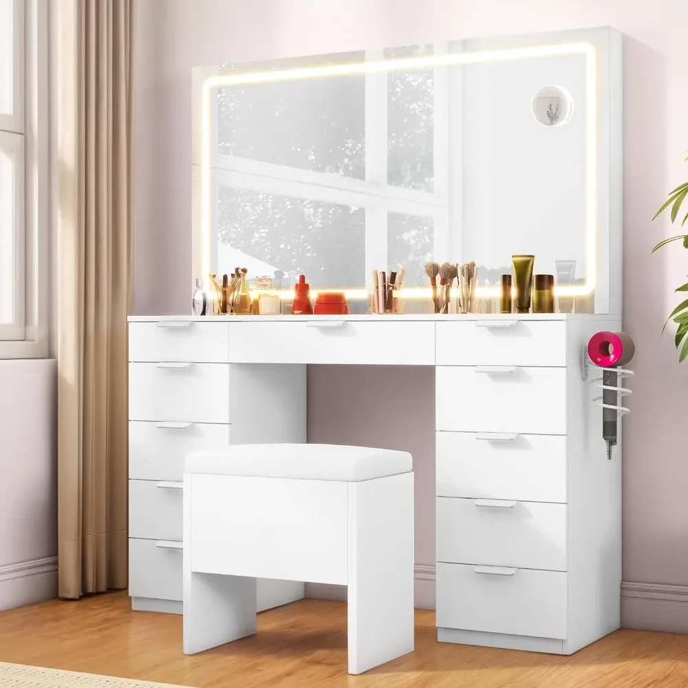 DWVO Makeup Vanity Desk Set with LED Lighted Mirror, Glass Tabletop, 11 Drawers, Power Strip, Hair Dryer Rack, and Storage