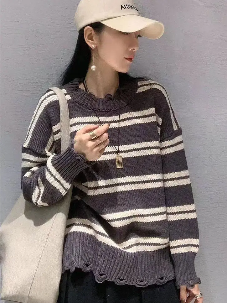 Classic retro color contrast stripe sweater women early autumn 2023 New Zebra Pattern Fashion Slim Knit Stripe Pullover Sweater