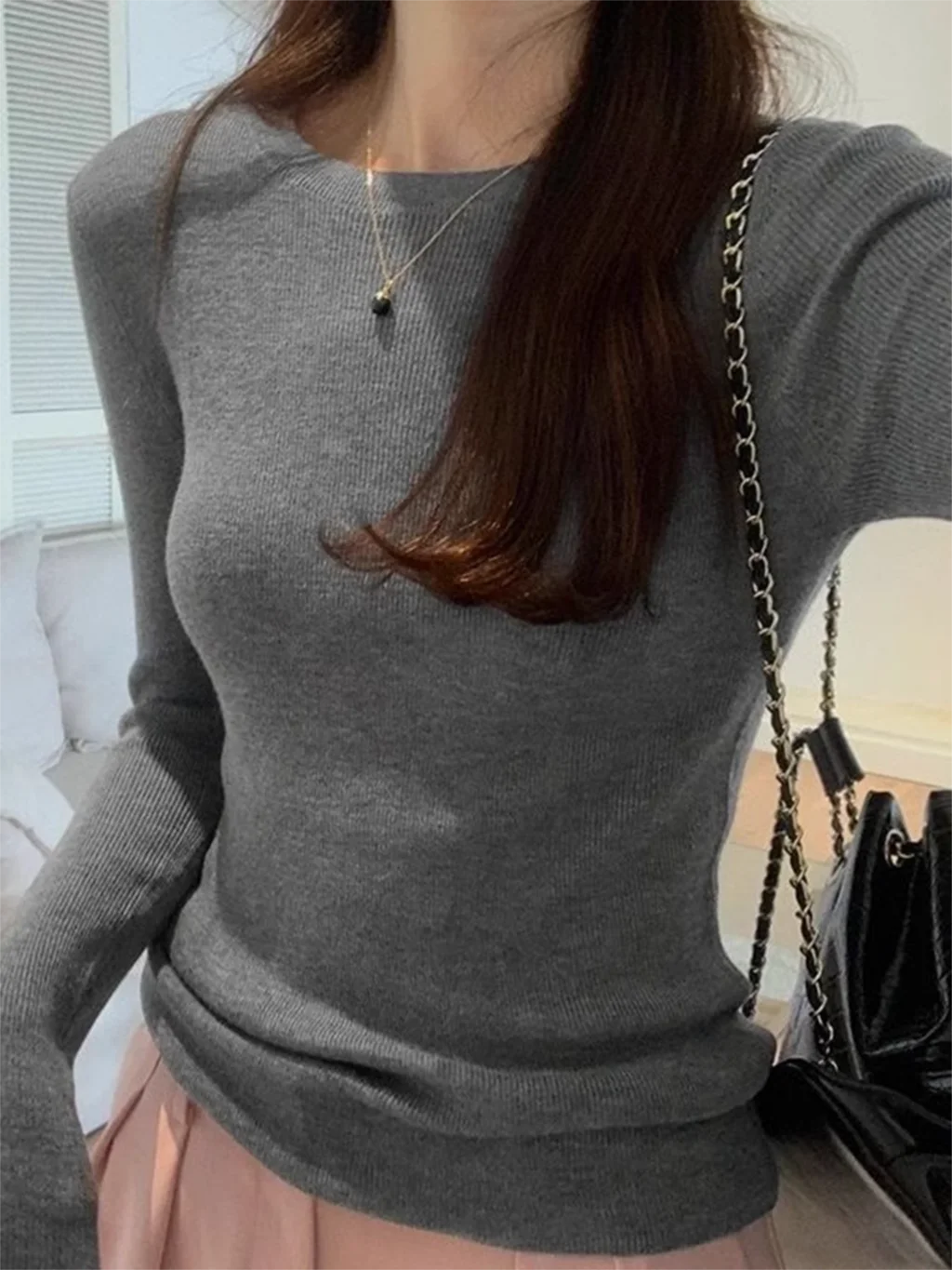 Gray Knitted Basic Slim Sweater Woman Autumn Round Neck Long Sleeve Pullover Top For Women\'s Clothes Casual Simple Cotton Jumper