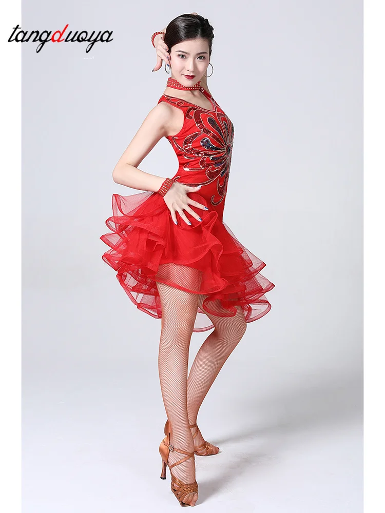 

Платье для бальных танцев с блестками для латинских танцев, костюмы для выступлений сальсы для взрослых, одежда для соревнований, платье для современных танцев для девочек, рейв-наряды