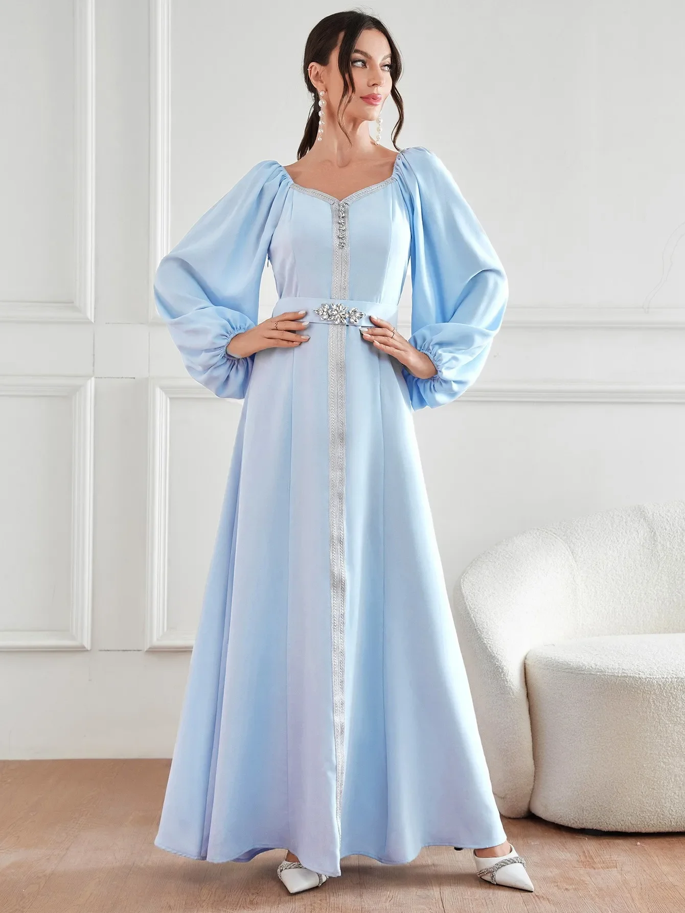 Abito Abaya musulmano elegante abito a vita alta per abito da sera a maniche lunghe con scollo a v a maniche lunghe da donna Dubai abiti da sera per feste turche