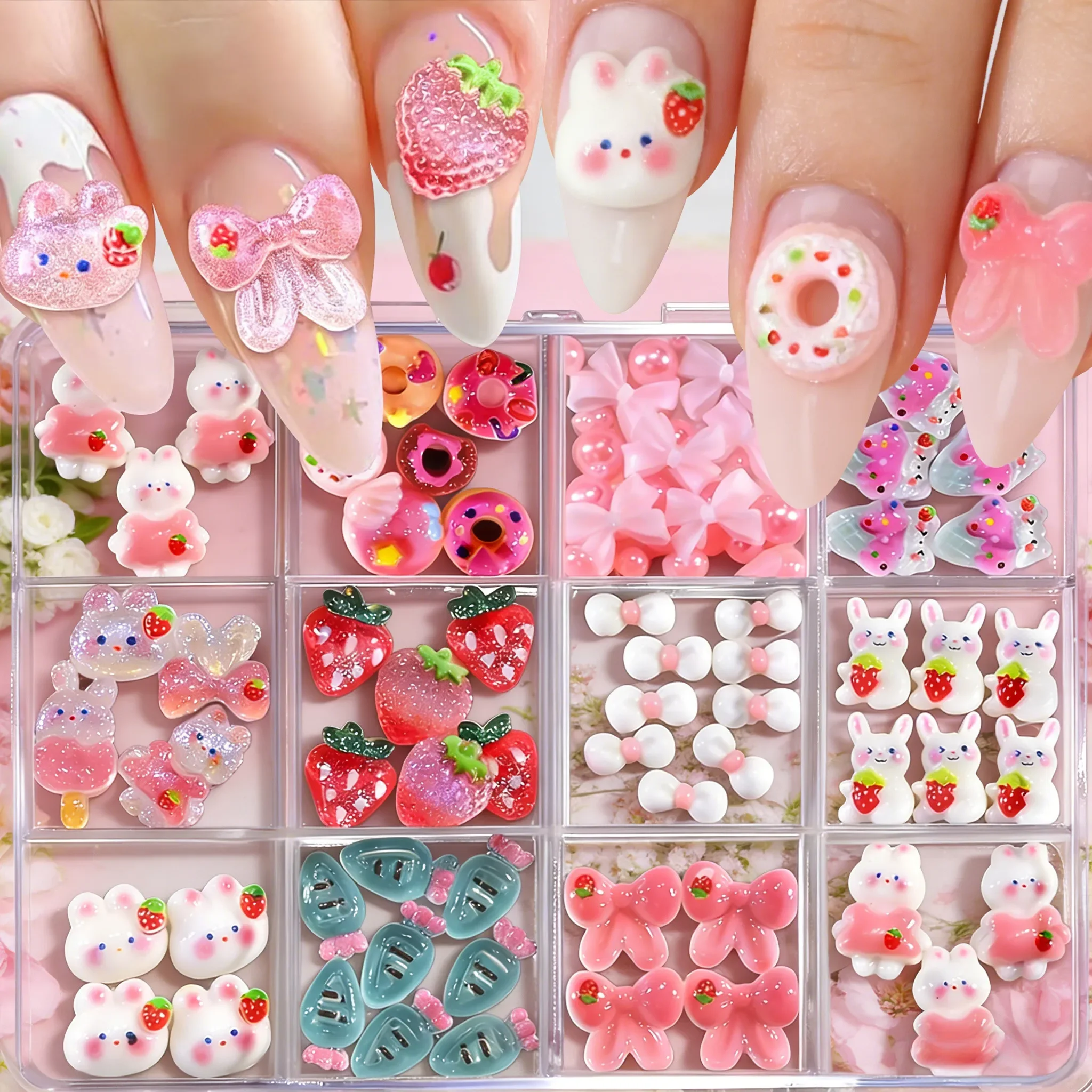 

6Grids 3D Rabbit Strawberry Sweet Nail Charms Cartoon Cute Carrot Donuts Bow Pearl Nail Art Supplies Summer Fruit Manicure Decor