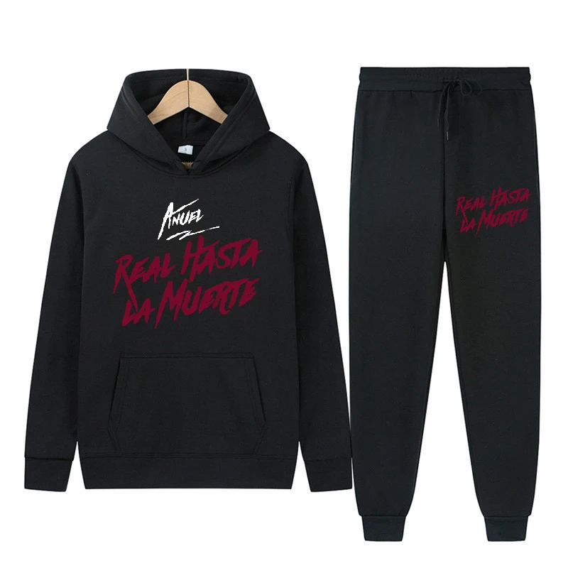 Anuel AA Real Hasta La Muerte Hoodies + Sweatpants Sets Men Fashion Long Sleeve Sweatshirts Casual Harajuku Pullover Sportpants