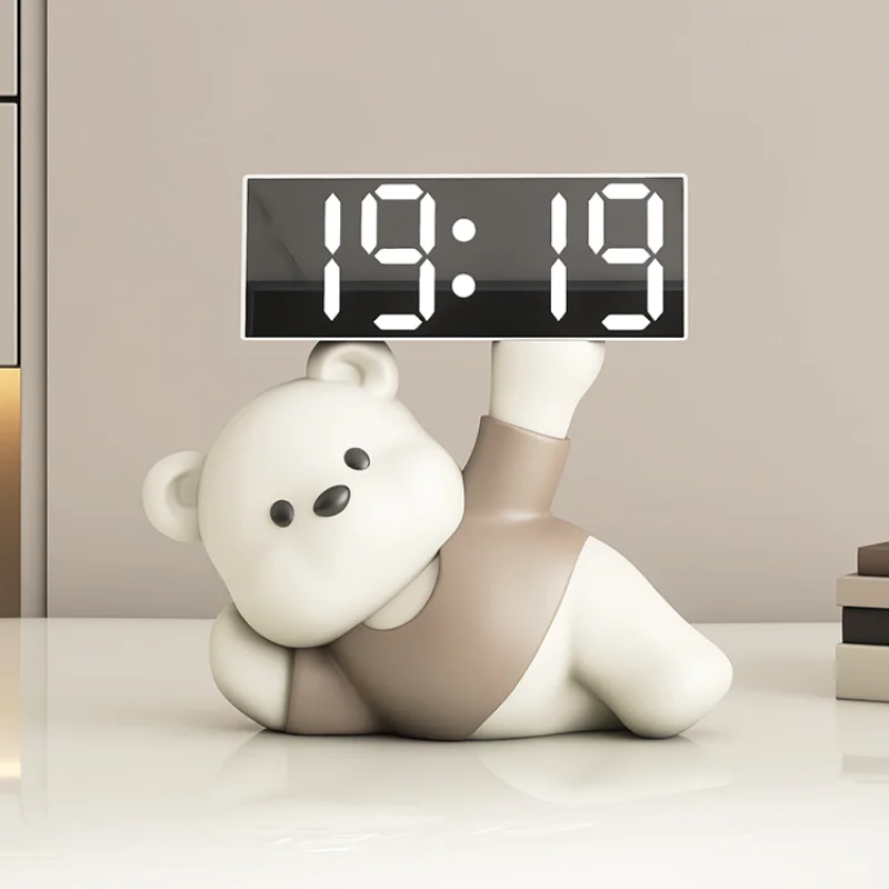 Cream Wind Bear Clock Ornament Alarm Clock Living Room Bedroom Decorations Tabletop Clocks Desktop Creative Electronic Clock