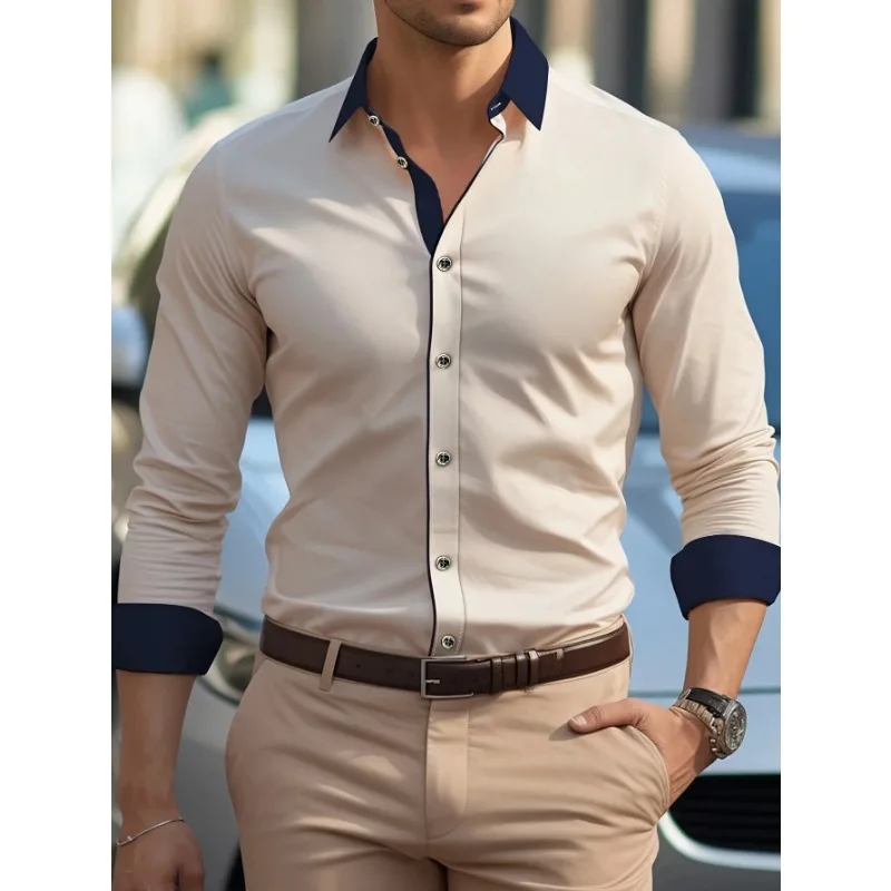

FGKKS Men Shirt Fashion Brand New Patchwork Long Sleeve Smart Casual Elastic Four Season Quality Male Business Shirt