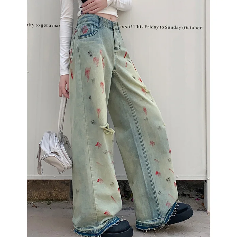 

Women Blue Ripped Jeans High Waist America Feeling Street Wide Leg Pants Y2K Vintage Ins Straight Baggy Plus Size Denim Trousers