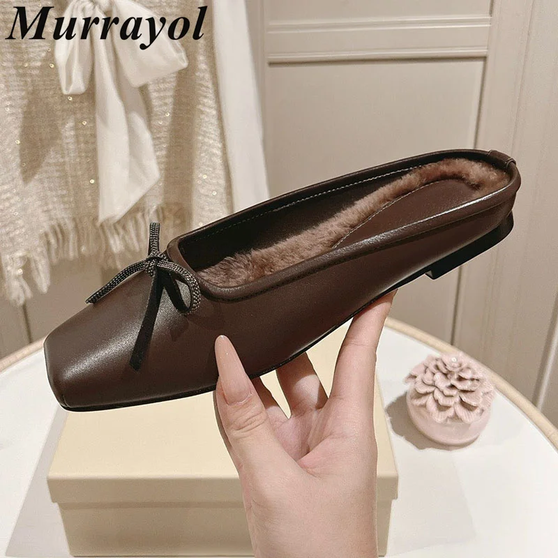 Lazy Mules Women Real Leather Closed Toe Bow-Knot Decor Flat Half Slippers Ladies Autumn Winter Outdoor Vacation Walking Shoes view 3