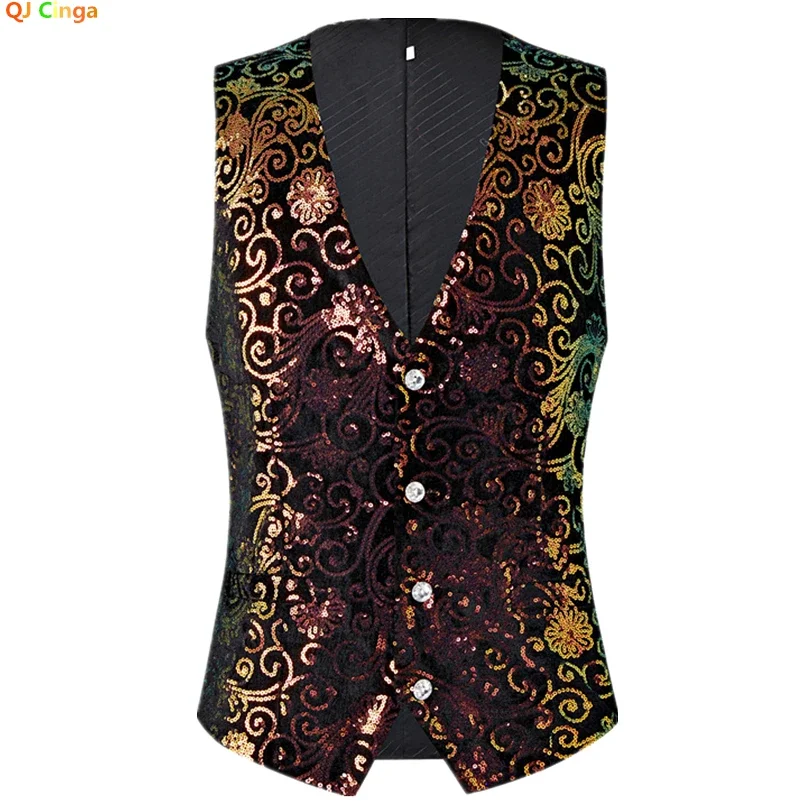 Gold Mens Suit Vest, Single-breasted V-neck Vests, Shiny Sequins Decorated  Waistcoat, Suitable for Host/Singer/Stage/Party