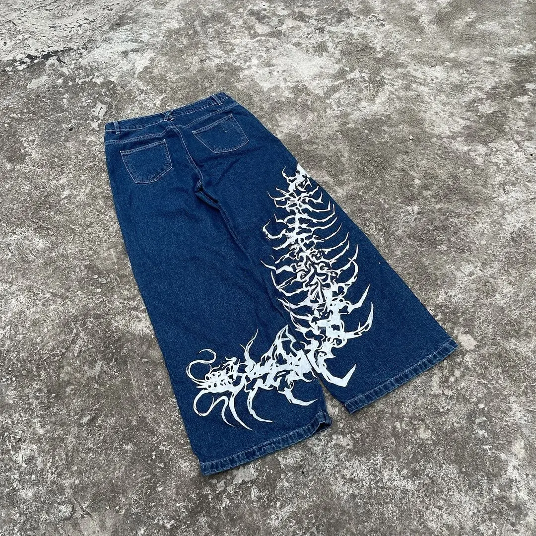 2024 Jeans longgar pinggang tinggi wanita ukuran besar pola cetak biru Slouchy celana kaki lebar lurus celana Gotik Harajuku Streetwear