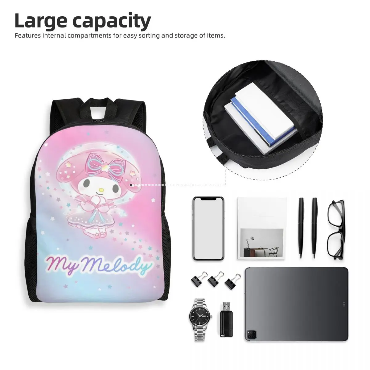 Zaino personalizzato per film di cartoni animati Melody per donna, uomo, scuola, studente universitario, bookbag adatto per borse per film alla moda per laptop da 15 pollici