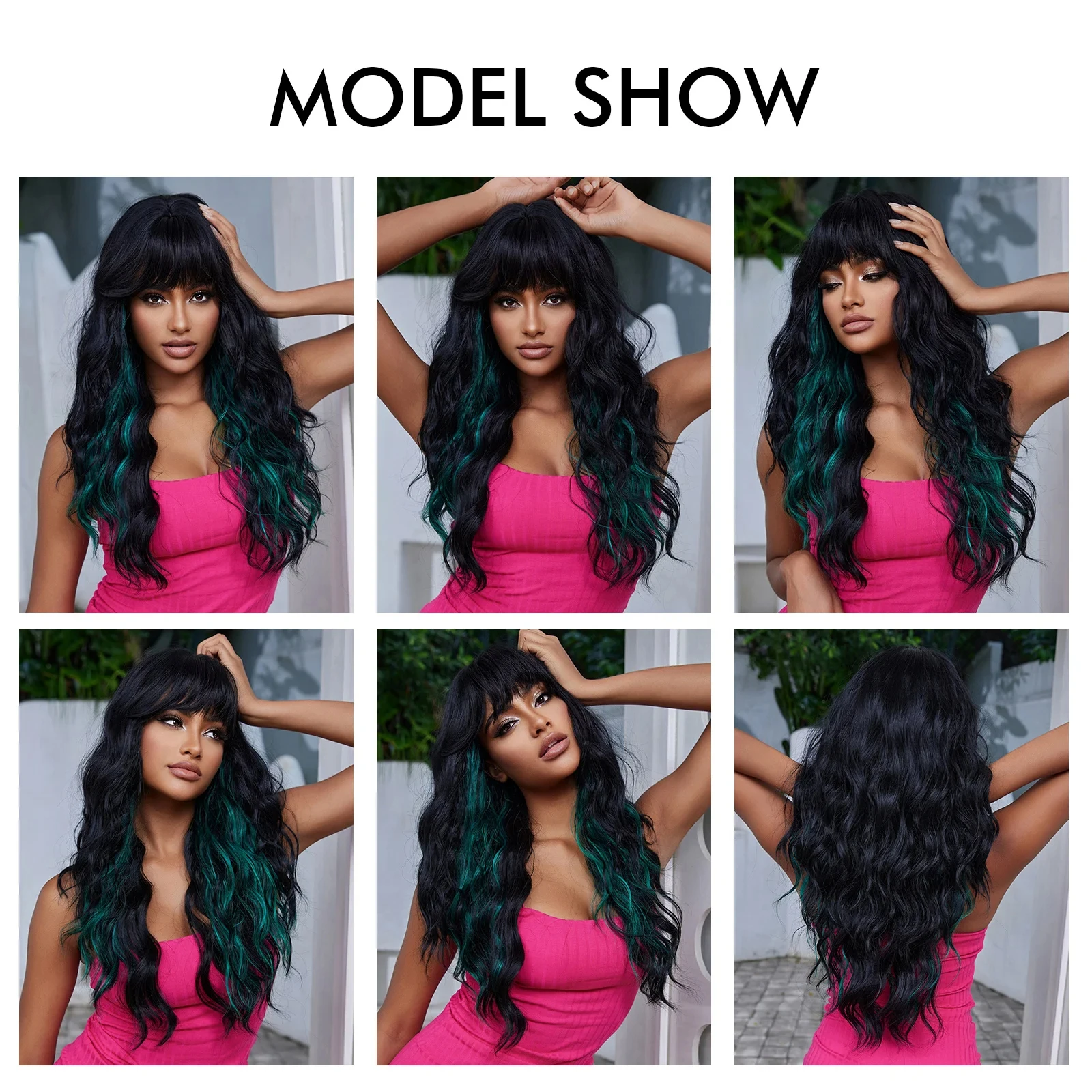 Wavy Black Synthetic Wigs Long Dark Hair Higlight Green with Bangs Body Water Wave Wig Full for Women Halloween Cosplay Party