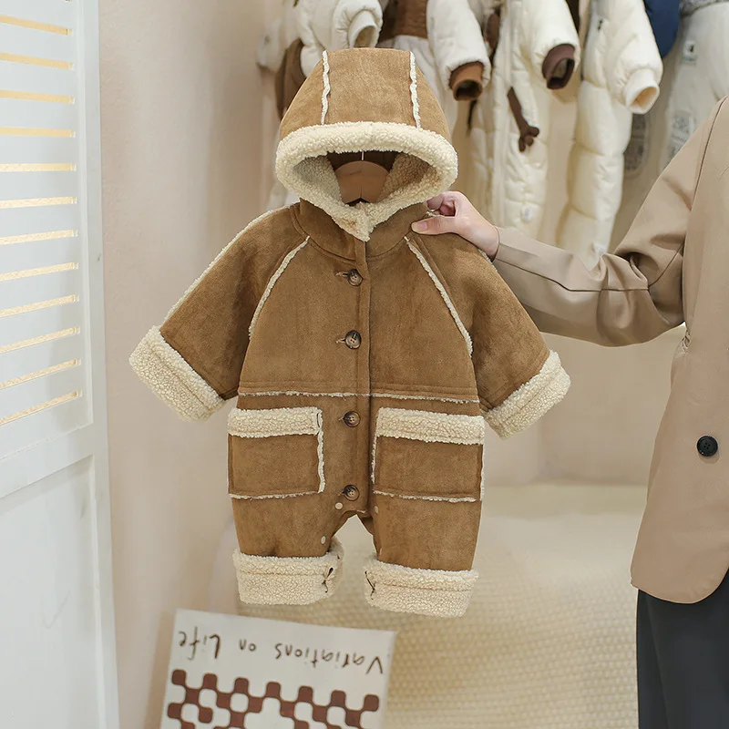 

‌2025 Winter Infant Romper Newborn Baby Boys Fleece Lined Warm Cotton Jumpsuit Outfit