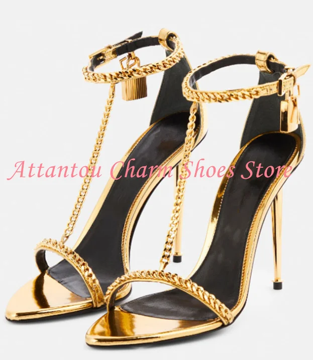 

Женские босоножки-гладиаторы с золотыми цепочками, на тонком каблуке, большие размеры, для банкетов и вечеринок, туфли-лодочки, дропшиппинг