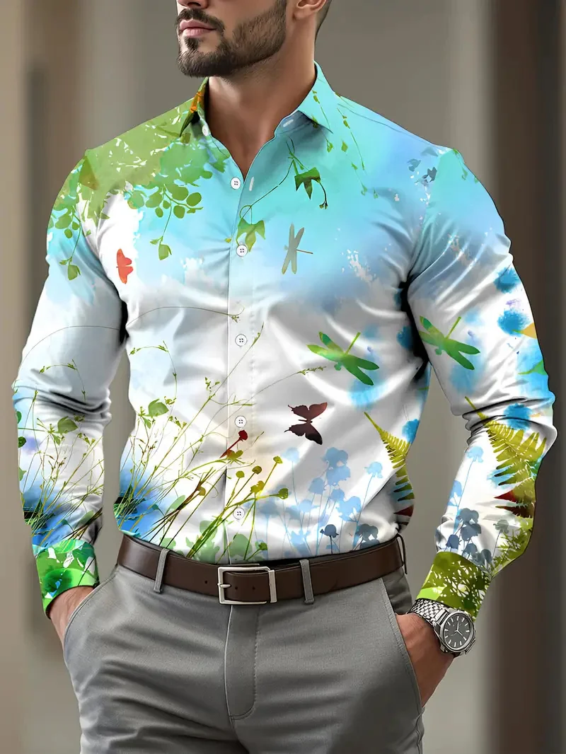 Men's Long Sleeve Shirt Button Shirt Spring Summer Casual Shirt 3D Leaf Print Long Sleeve Daily Fashion Comfort