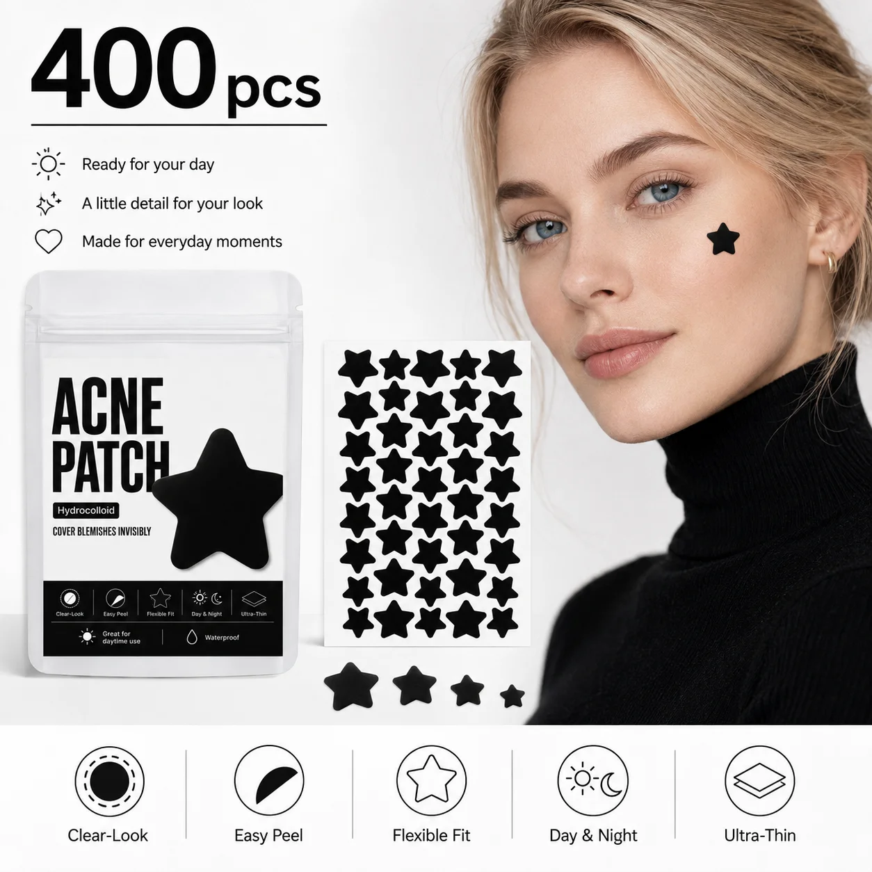 400pcs Black Star-Shaped Hydrocolloid Pimple Patches, Clear-Look, Flexible Fit, Ultra-Thin for Day & Night Wear