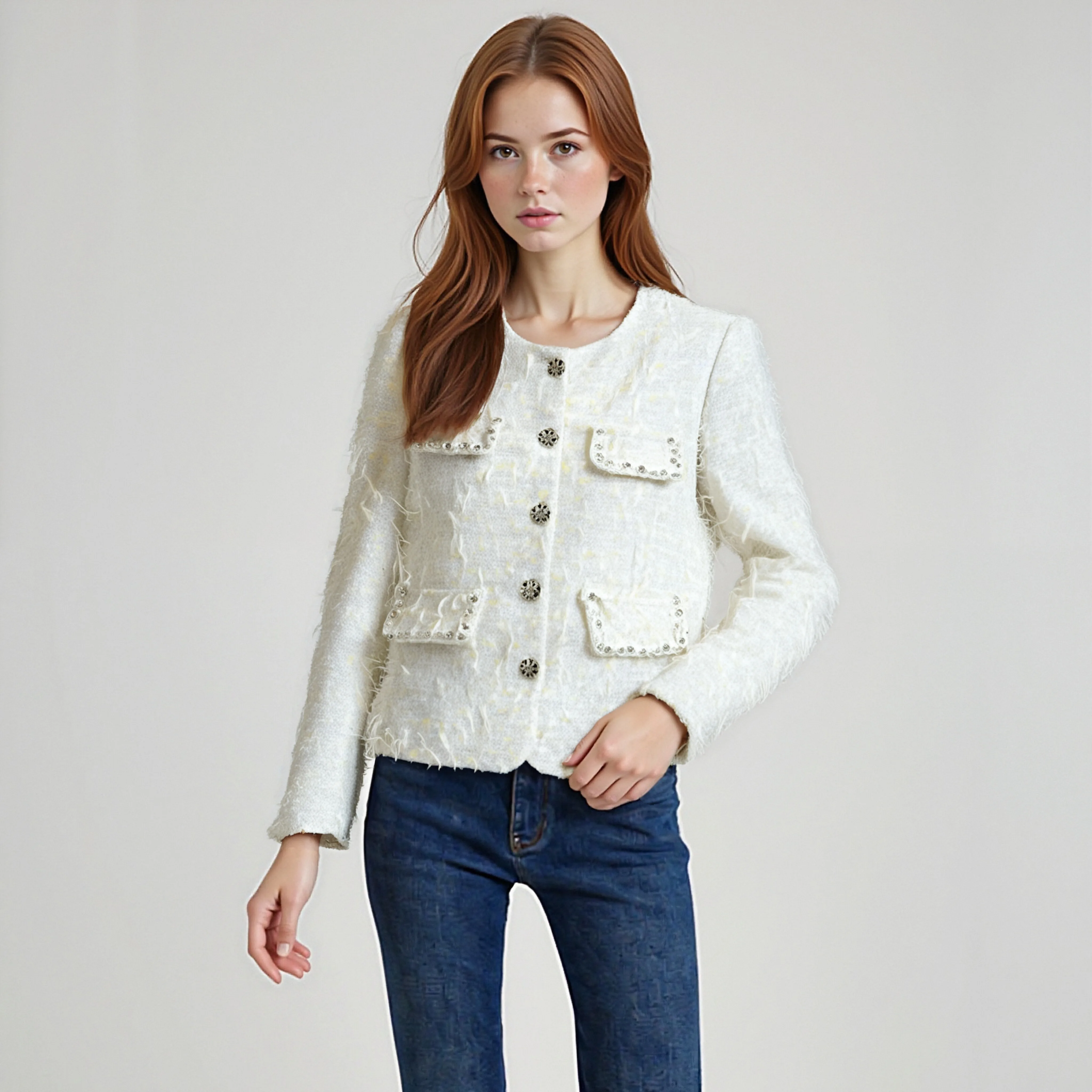 

Fashionable round Neck Tweed Jacket Socialite Daughter Style Heavy Industry Diamond Woven Design for Women