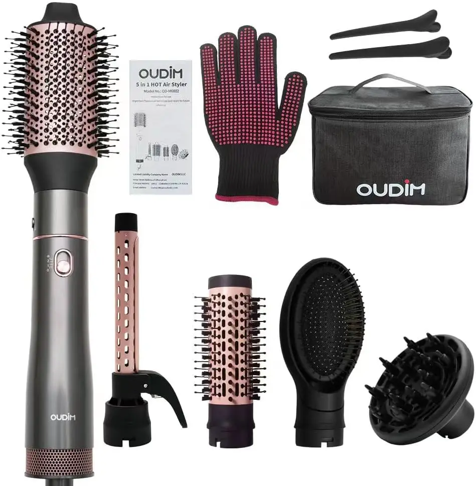 

5-in-1 Negative Ion Hair Dryer Brush Set, Hot Air Styler for Curling, 3 Temp & Speed, Travel Bag