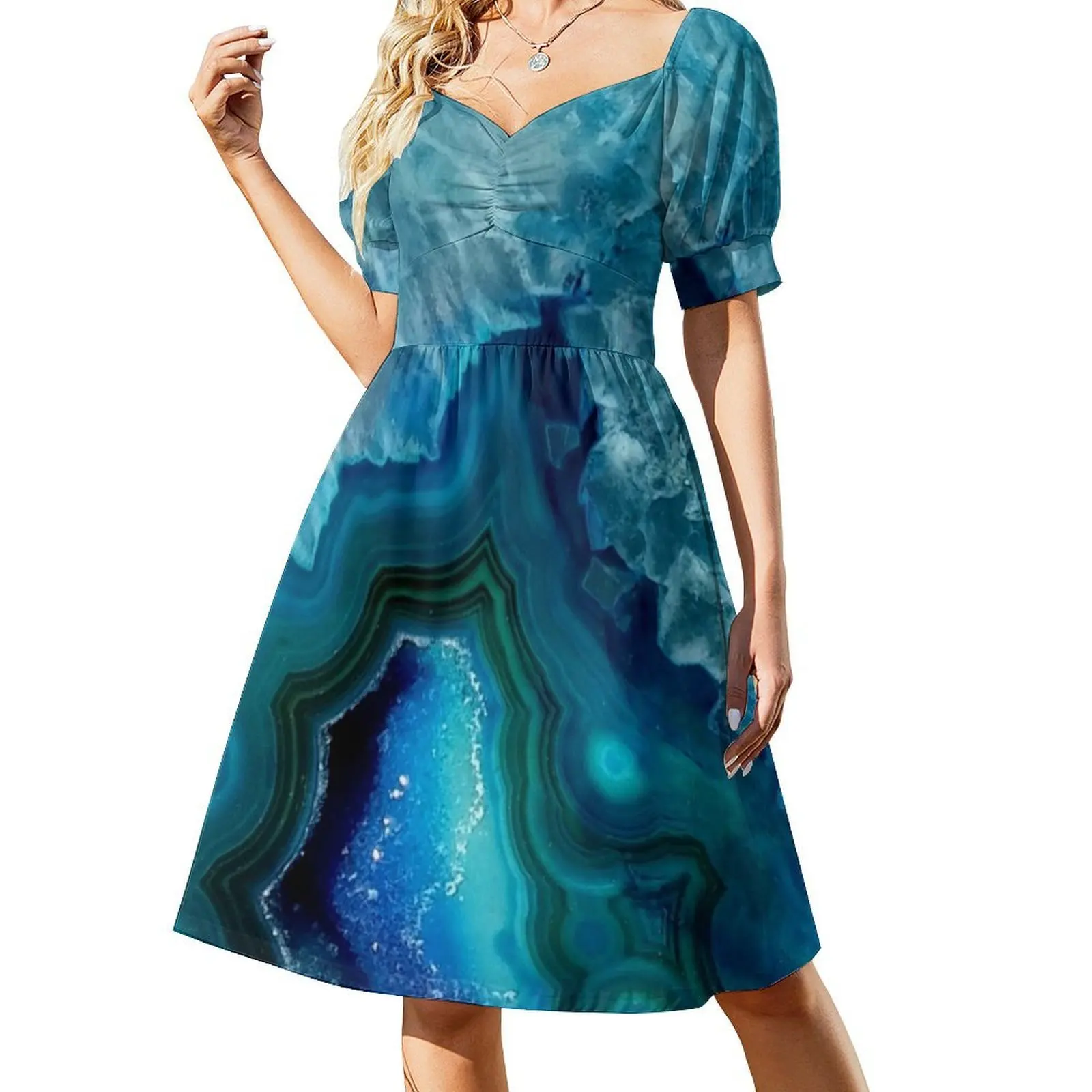 Teal Blue Agate Sweetheart Neckline Dress Elegant Summer Party Dress For Women Agate Blue Teal Diamond Gem Stone Women's Dress