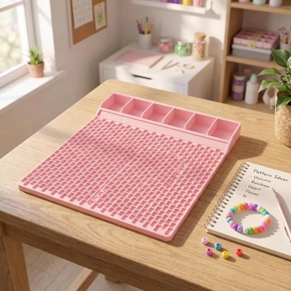DIY Pony Beads Fast Stringing Tray Multi-Compartment Large Capacity Pony Bead Planning Tray Pink Thickened Bead Bracelet Board