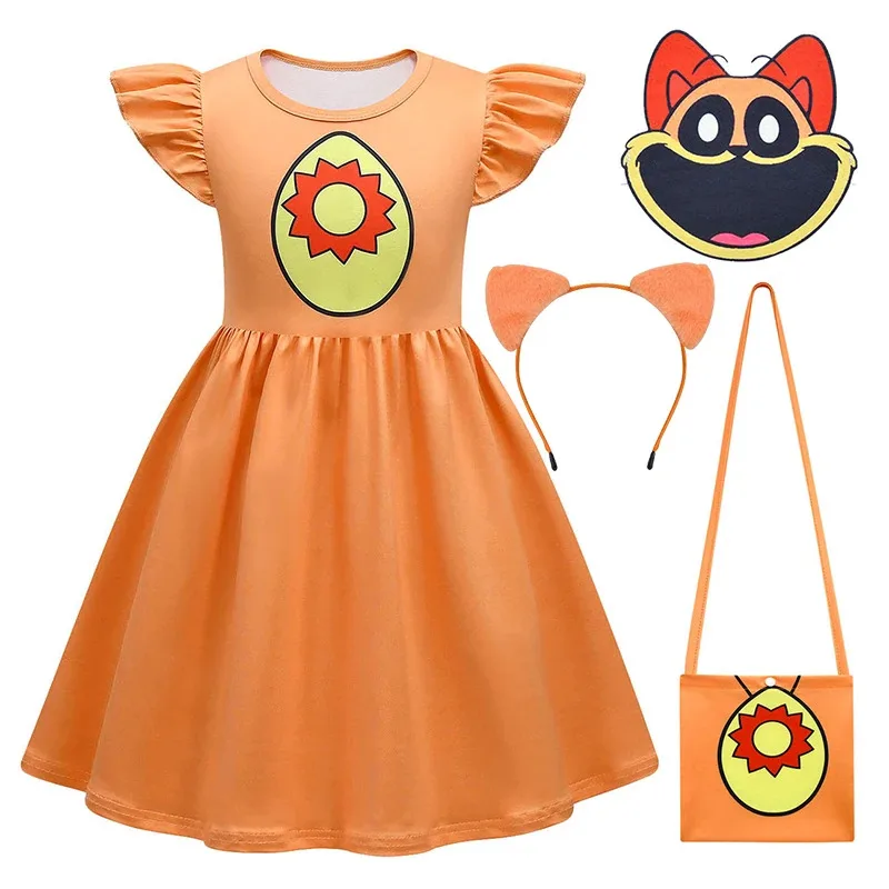 Vestido de gato morado para niños, criaturas sonrientes, catnap con sonrisa de dibujos animados, vestido veraniego para niña + bolsa, disfraz de Cosplay para niños