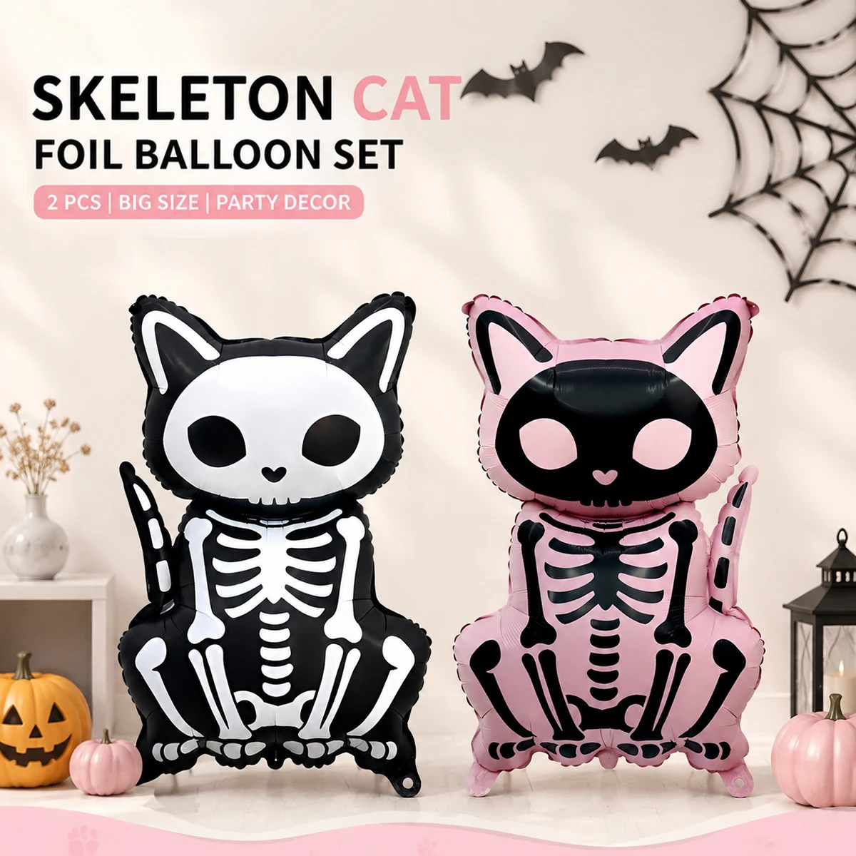 2-teiliges Totenkopf-Katzen-Ballon-Set, Halloween-Dekorationen, Geisterparty, schwarze Katzenparty, Halloween-Party-Atmosphäre, Halloween-Geburtstag
