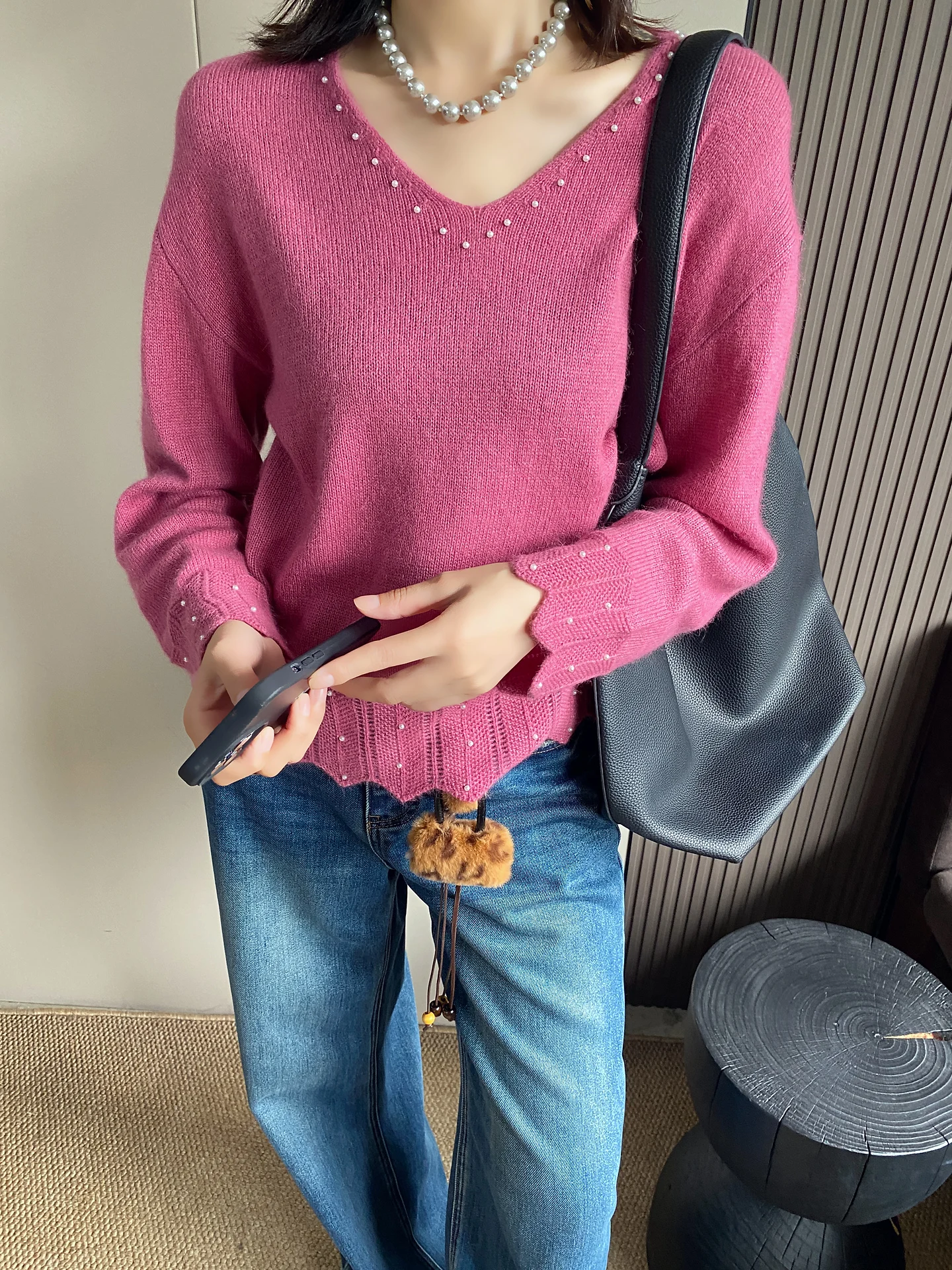 

Свободный женский вязаный свитер с v-образным вырезом и жемчугом, ленивый Sle, длинный свек, мягкая ткань, осень-зима, новый дизайн, повседневный топ