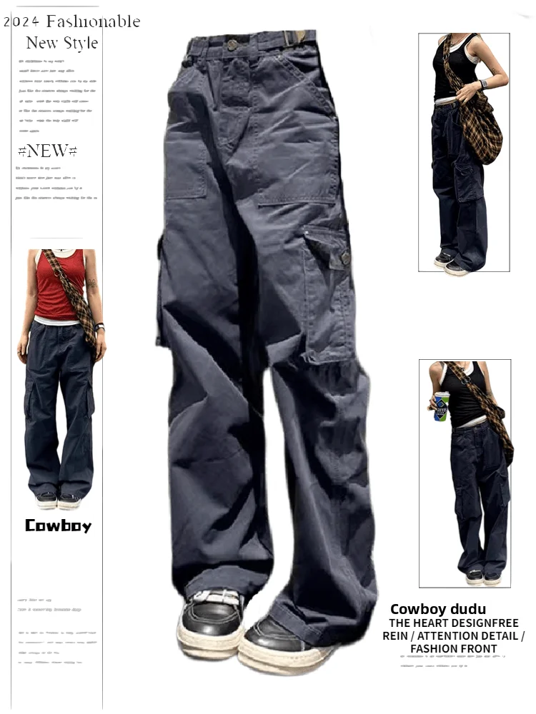 

American Retro Multi-ket Workwear Jeans Women's Summer High Street Design High Waist Loose Casual Straight Leg Pants