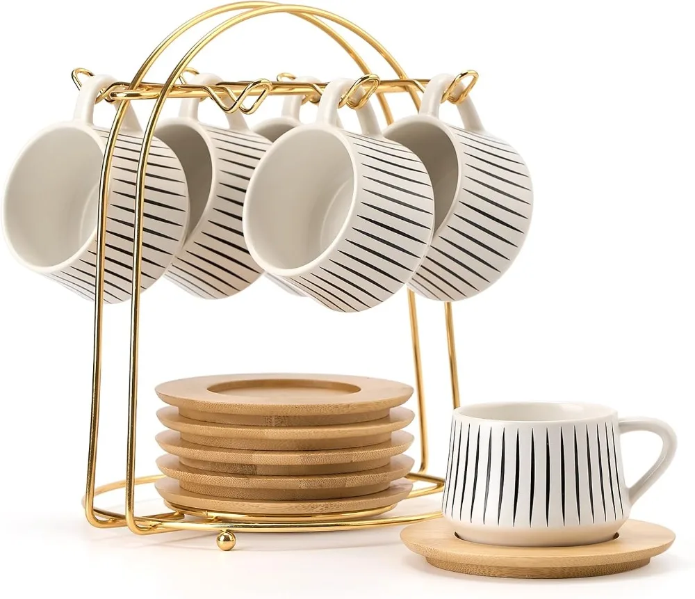 

Ceramic Espresso Cup Set with Saucers and Metal Holder, 6-Piece White Porcelain Demitasse for Coffee and Tea