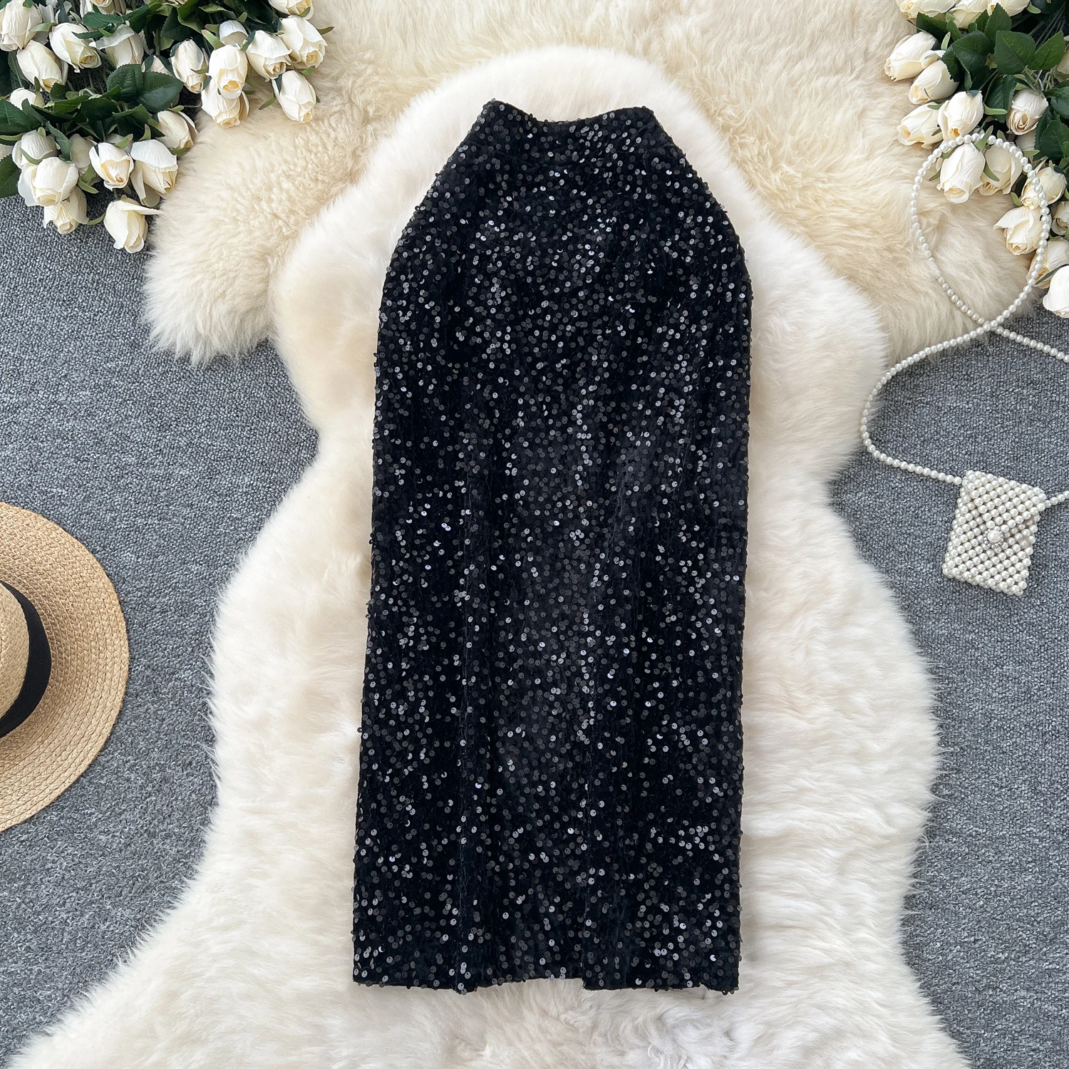 Mulheres chique glitter veludo lápis saia de cintura alta elegante moda envoltório saia outono inverno roupas