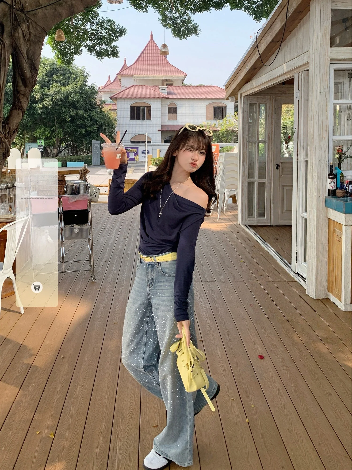 

Loose Women's Jeans High Waist Wide Leg Casual Cotton Blend Flashing Diamond Decorated Spring Summer Fashion Trousers