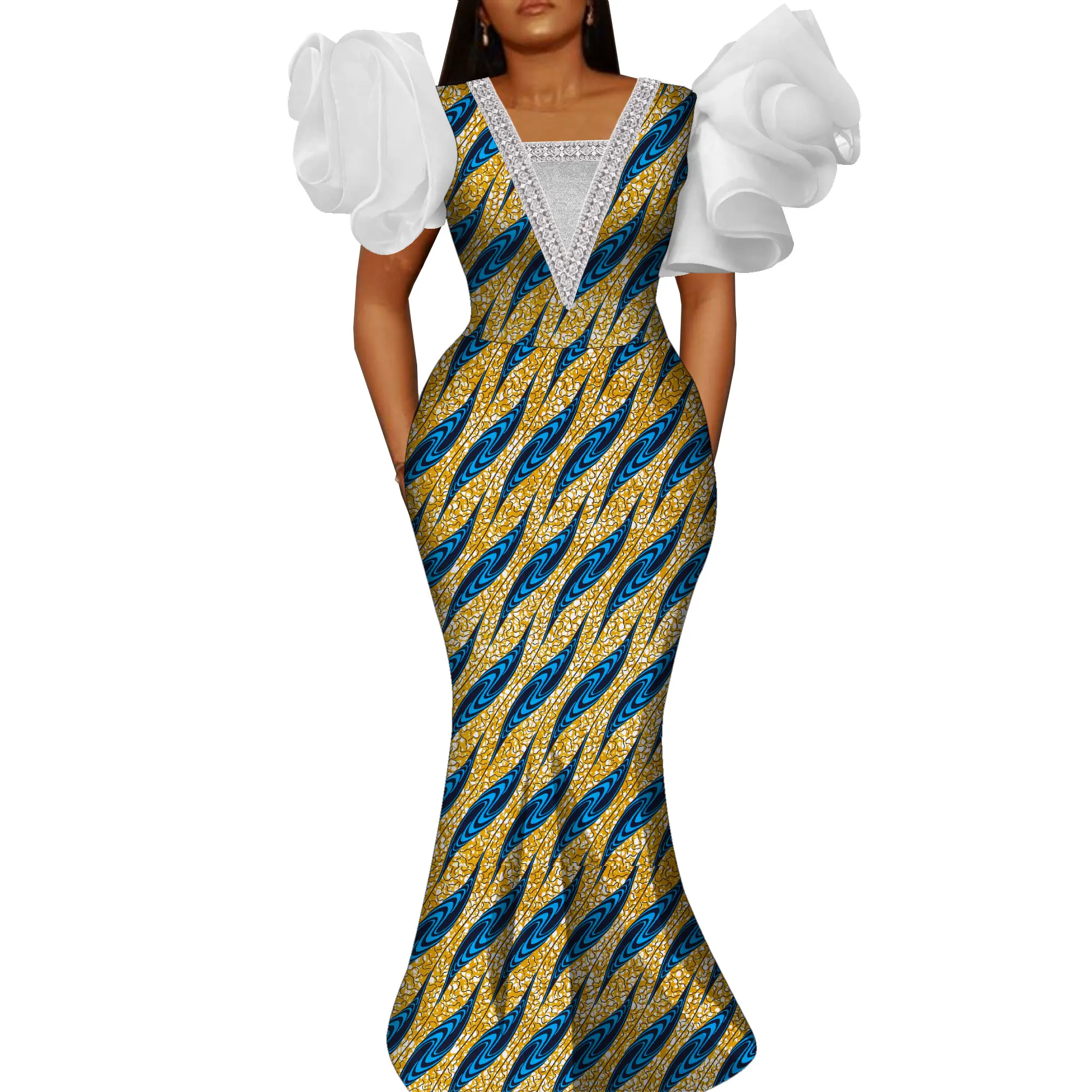 

African Dresses for Women Ankara Hip Wrap Dress New Elegant Puff Sleeve Traditional Wedding Clothing Wy10687