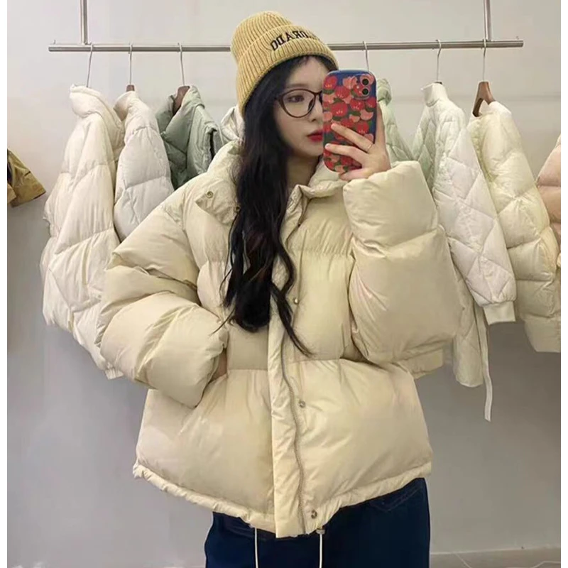 Winter Warm Short Parkas Women Fashion Stand Collar Short Down Jacket White Duck Down Thickened Puffer Jacket Casual Loose Coat