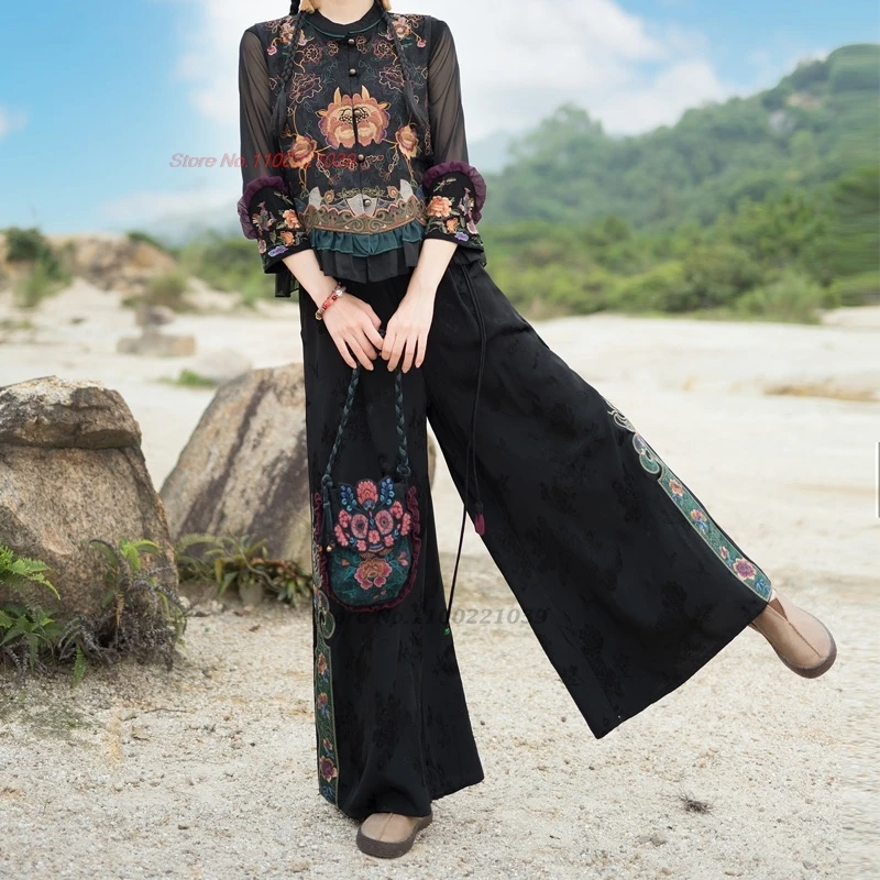 2025 chinese vintage pants satin jacquard folk trousers national flower embroidery loose pants elastic waist wide leg trousers