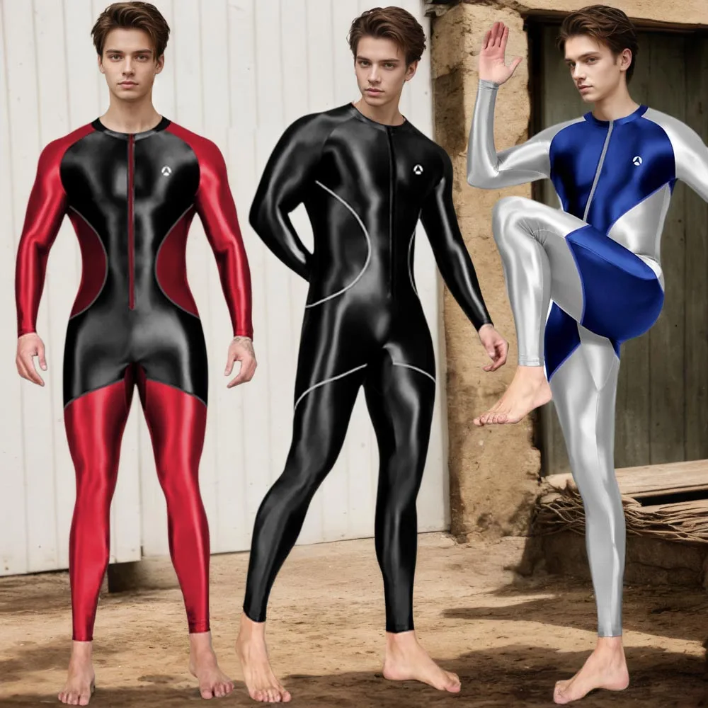 AMORESY Men Smooth Glossy Yoga Running Rompers One Piece Jumpsuits Front Zipper Fitness Tracksuits Full-Length Sports Bodysuits