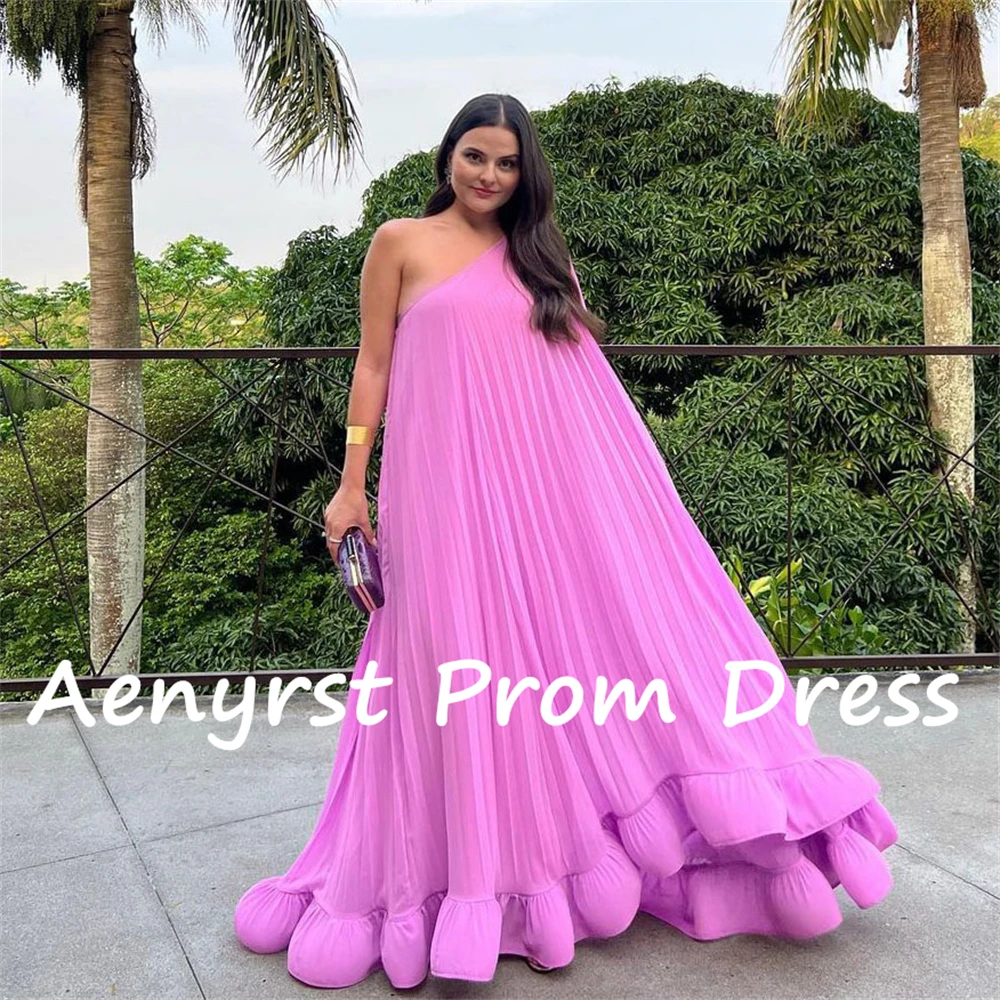 Aenyrst Pink One Shoulder Evening Dresses Chiffon Draped Ruched A Line Party Gowns For Women Floor Length Formal Prom Dress 2024