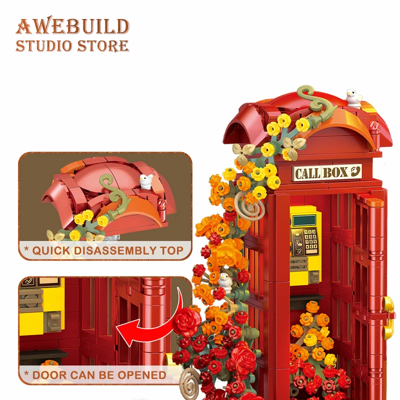 1142Pcs Retro Telephone Booth MOC Building Blocks 3D Model City Street View Flower Phone House Bricks Puzzle Toys Birthday Gifts
