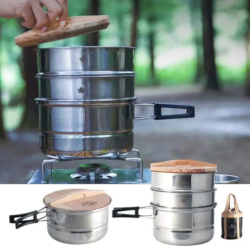 Stainless Steel Steamer Wooden Lid Stainless Steel Multi Layer Bun Steamer Camping Cookware Vegetable Steamer Cooker Outdoor