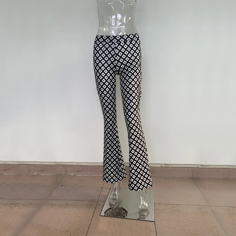 Omsj-calça casual com estampa geométrica para férias, cintura alta, slim fit, versátil, elástica, flare, moda, 2024