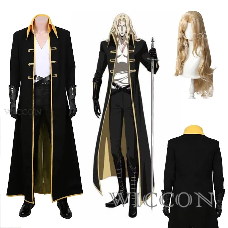 

Castlevania Adrian Țepes Arukado Alucard Cosplay Costume Wig Outfit Anime Style Halloween Party Roleplay Mens Suit Coat Pants