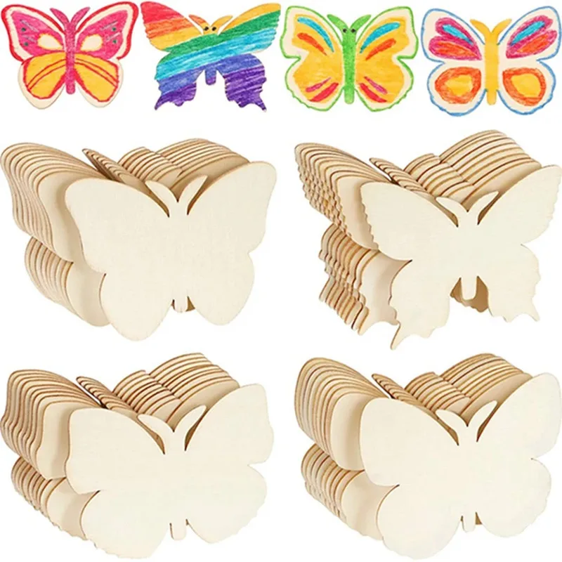 10Pcs Unfinished Wooden Butterfly Crafts Kids DIY Painting Toy Flower Butterfly Wood Slices Wedding Easter Party Home Decoration
