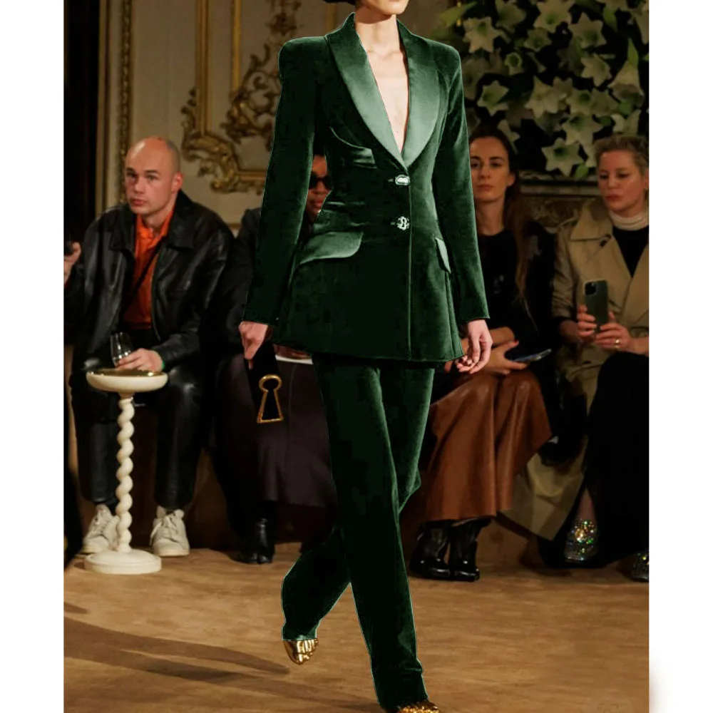 Ensemble 2 pièces en velours trempé pour femme, veste et pantalon, blazer chic et élégant, col de fruits verts, vêtements pour femme