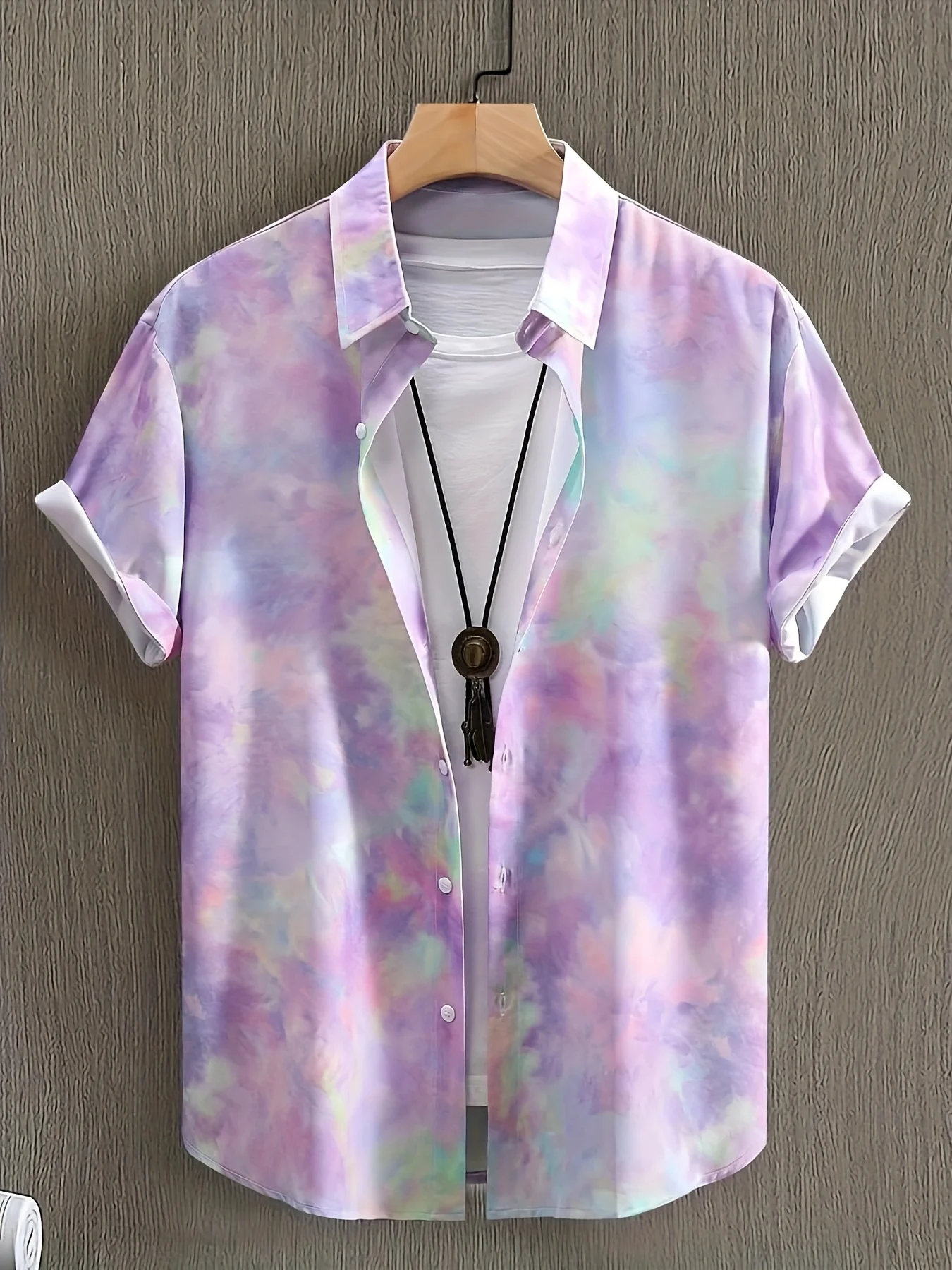 New Stylish Men Shirt Pastel Purple Tie Dye Gradient Lapel Roll Sleeve Soft Fabric For Weekend City Strolls Gentleman Apparel
